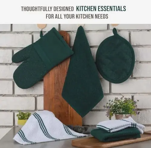 LANE LINEN Dish Towels and Dishcloths Sets - 16 Pc Kitchen Mitts and Pot Holders, 100% Cotton Kitchen Dish Rags for Washing Dishes - Green - 3
