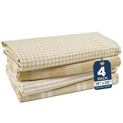 LANE LINEN Dish Towels for Kitchen Cotton Soft & Absorbent 4 Pack - Beige | Quick Drying, Multitextured, Tightly Woven Kitchen Towels, Paper Towel Replacement, Great for Kitchen Cleanup & Dish Drying - LANE LINEN