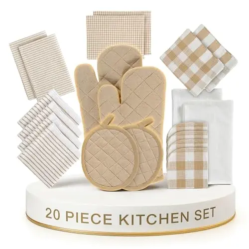 LANE LINEN 20 Piece Kitchen Dish Cloths Set - 100% Cotton Dish Towels, Heat Resistant Kitchen Mittens and Pot Holder Set, Reusable Dish Rags for Washing Dishes, Absorbent Dish Towels- Beige - LANE LINEN (1)