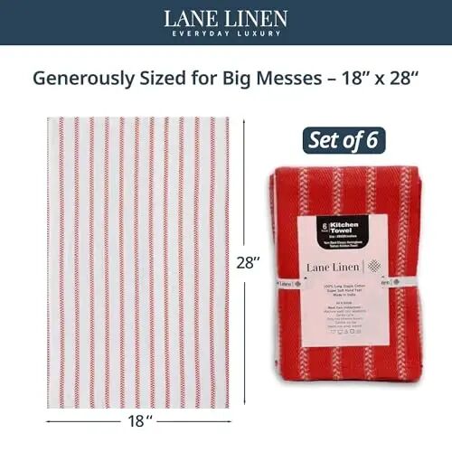 LANE LINEN Hand Towels for Kitchen 100% Cotton Absorbent 6 Pack - Red | Quick Drying, Durable Cotton Dish Towel, Versatile Everyday Design, Great for Handling Hot Pans & Drying Cookware - 2