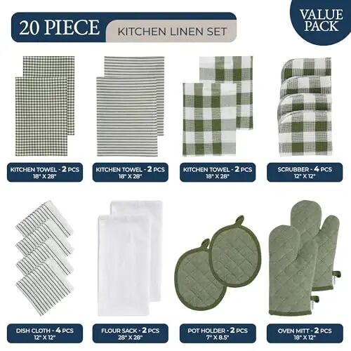 LANE LINEN Kitchen Towel and Pot Holder Sets 20 Pc - Eco Friendly Reusable Cotton Dish Towels, Soft Flour Sack Tea Towels, Absorbent Kitchen Hand Towels, Heat Resistant Oven Mitts for Cooking - Olive - LANE LINEN (1)
