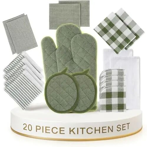 LANE LINEN Kitchen Towel and Pot Holder Sets 20 Pc - Eco Friendly Reusable Cotton Dish Towels, Soft Flour Sack Tea Towels, Absorbent Kitchen Hand Towels, Heat Resistant Oven Mitts for Cooking - Olive - LANE LINEN