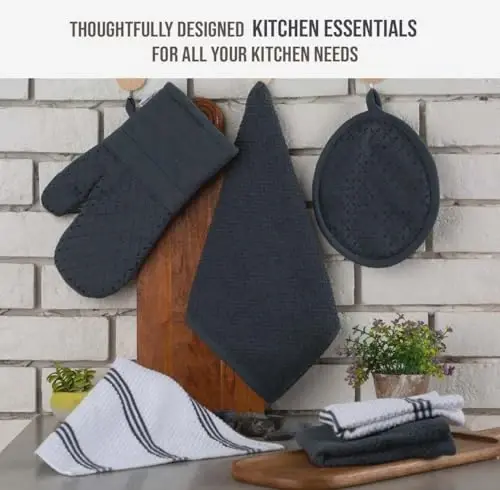 LANE LINEN Kitchen Towels and Dishcloths Sets - 16 Pc Kitchen Essentials for New Home, Heat Resistant Silicone Oven Mitts & Pot Holder, Absorbent Terry Hand Towels & Dish Towel - Grey - 3