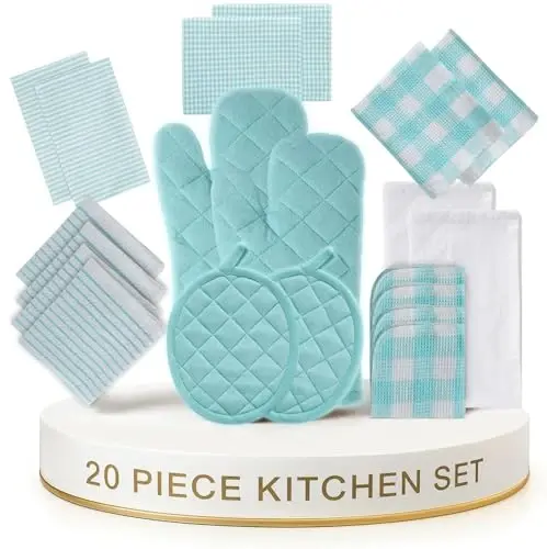 LANE LINEN Kitchen Towels and Dishcloths Sets - 20Pc Kitchen Towel Set, 350 Degree Heat Resistant Oven Mitts & Pot Holder, Reusable Absorbent Dish Cloths for Washing Dishes - Aqua - LANE LINEN