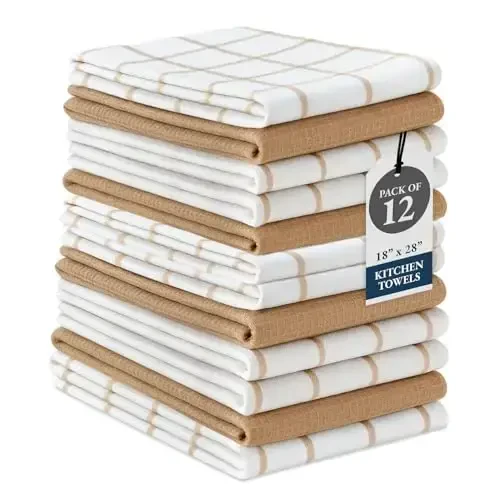 LANE LINEN Kitchen Towels & Dishcloths Set of 12-100% Cotton, Quick-Drying 18” x 28” Absorbent Dish & Tea Towels, Soft Hand Towels for Kitchen - Beige 