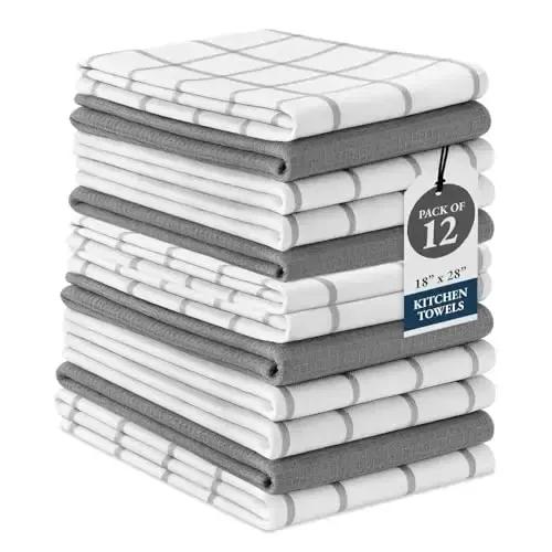 LANE LINEN Kitchen Towels & Dishcloths Set of 12-100% Cotton, Quick-Drying 18” x 28” Absorbent Dish & Tea Towels, Soft Hand Towels for Kitchen - Grey 