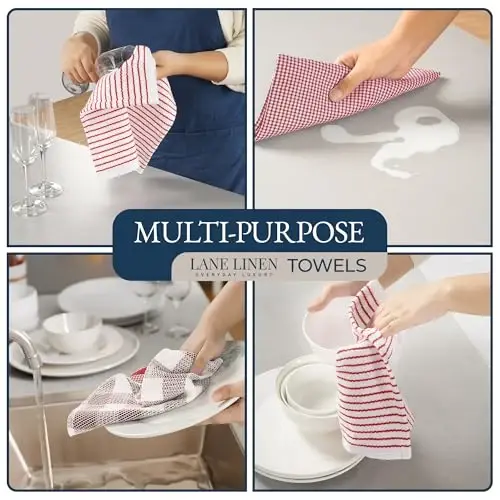 LANE LINEN Kitchen Towels Set - 6 Absorbent Hand Towels, 4 Dish Cloths, 4 Waffle Scrubbers, 2 Flour Sack Towels, 2 Potholders & 2 Oven Mitts - Red - 3