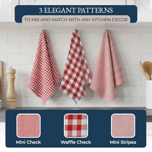 LANE LINEN Kitchen Towels Set - 6 Absorbent Hand Towels, 4 Dish Cloths, 4 Waffle Scrubbers, 2 Flour Sack Towels, 2 Potholders & 2 Oven Mitts - Red - 4