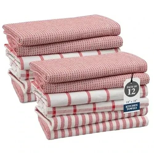 LANE LINEN Kitchen Towels Set of 12-100% Cotton, Quick-Drying 18” x 28” Absorbent Dish & Tea Towels, Premium Hand Towels for Drying Dishes - Christmas Red - LANE LINEN