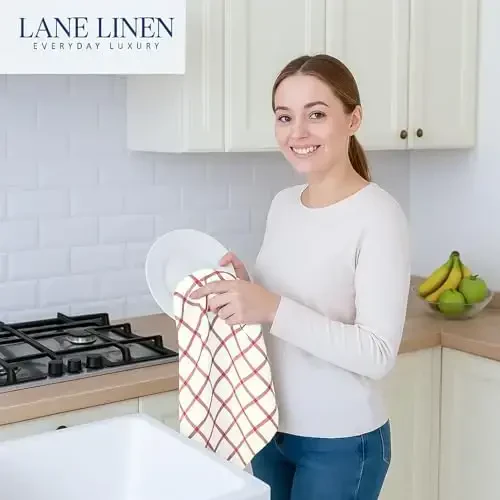 LANE LINEN Kitchen Towels Set of 12-100% Cotton, Quick-Drying 18” x 28” Absorbent Dish & Tea Towels, Premium Hand Towels for Drying Dishes - Christmas Red - 3