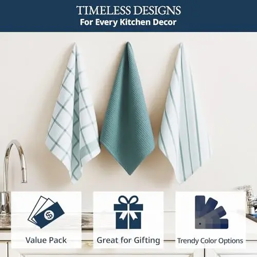 LANE LINEN Mutfak Havluları ve Bulaşık Bezleri 12'li Set - %100 Pamuk, Hızlı Kuruyan 18” x 28” Emici Bulaşık ve Çay Havluları, Mutfak için Yumuşak El Havluları - Aqua - 4