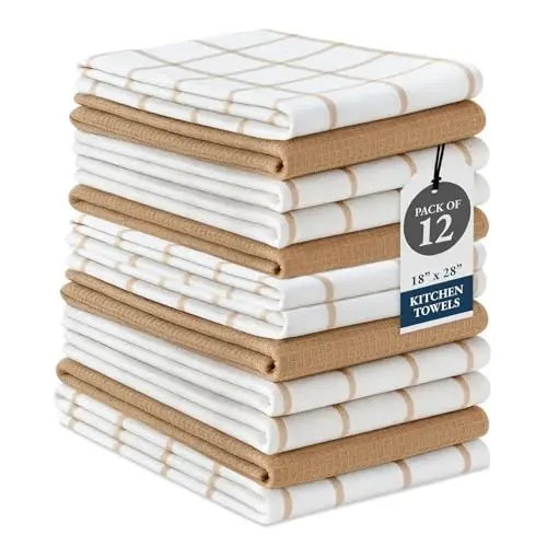 LANE LINEN Mutfak Havluları ve Bulaşık Bezleri 12'li Set - %100 Pamuk, Hızlı Kuruyan 18” x 28” Emici Bulaşık ve Çay Havluları, Mutfak için Yumuşak El Havluları - Bej 