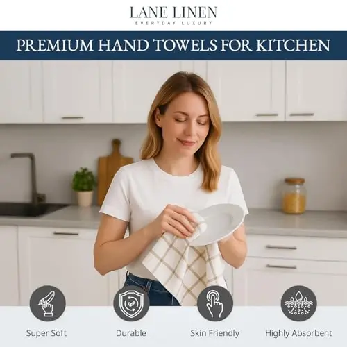 LANE LINEN Mutfak Havluları ve Bulaşık Bezleri 12'li Set - %100 Pamuk, Hızlı Kuruyan 18” x 28” Emici Bulaşık ve Çay Havluları, Mutfak için Yumuşak El Havluları - Bej - 2