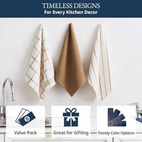 LANE LINEN Mutfak Havluları ve Bulaşık Bezleri 12'li Set - %100 Pamuk, Hızlı Kuruyan 18” x 28” Emici Bulaşık ve Çay Havluları, Mutfak için Yumuşak El Havluları - Bej - 4