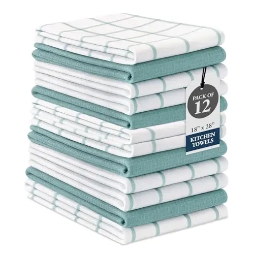 LANE LINEN Kitchen Towels & Dishcloths Set of 12-100% Cotton, Quick-Drying 18” x 28” Absorbent Dish & Tea Towels, Soft Hand Towels for Kitchen - Aqua - LANE LINEN