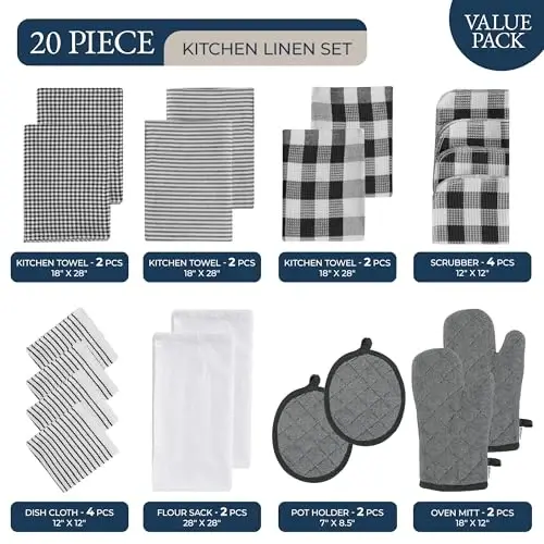 LANE LINEN Mutfak Havluları ve Bulaşık Bezleri Seti - Yeni Ev İçin 20 Parçalık Mutfak İhtiyaçları, Isıya Dayanıklı Fırın Eldiveni ve Tencere Tutacağı, Emici Un Çuvalı Havluları - Siyah - 2