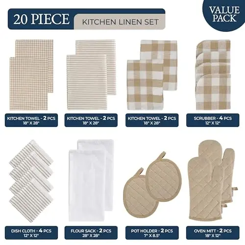 LANE LINEN 20 Piece Kitchen Dish Cloths Set - 100% Cotton Dish Towels, Heat Resistant Kitchen Mittens and Pot Holder Set, Reusable Dish Rags for Washing Dishes, Absorbent Dish Towels- Beige - 2