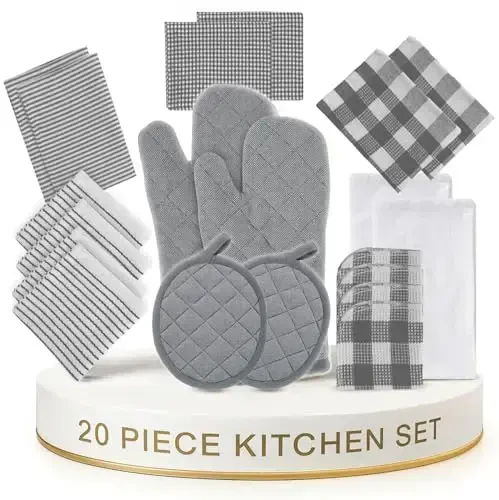 LANE LINEN Kitchen Towels and Dishcloths Sets - 20 Pc Kitchen Essentials for New Home, Heat Resistant Oven Mitts & Pot Holder, Absorbent Flour Sack Dish Towels- Grey - LANE LINEN (1)