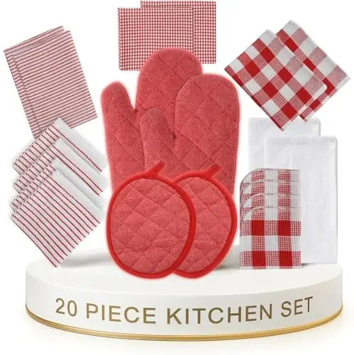 LANE LINEN Kitchen Towels Set - 6 Absorbent Hand Towels, 4 Dish Cloths, 4 Waffle Scrubbers, 2 Flour Sack Towels, 2 Potholders & 2 Oven Mitts - Red 
