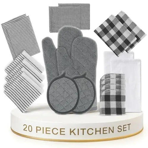 LANE LINEN Kitchen Towels & Dishcloths Set - 20-Piece Kitchen Essentials for New Home, Heat-Resistant Oven Mitts & Pot Holder, Absorbent Flour Sack Towels - Black - 1