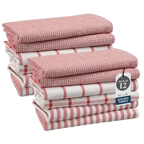 LANE LINEN Mutfak Havlusu 12'li Set - %100 Pamuk, Hızlı Kuruyan 18” x 28” Emici Bulaşık ve Çay Havluları, Bulaşık Kurutmak için Premium El Havluları - Yılbaşı Kırmızısı 