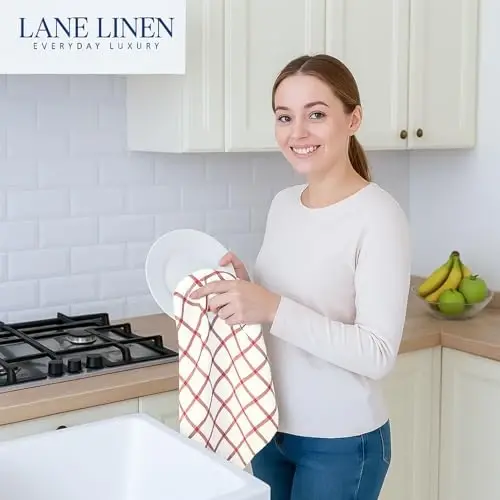 LANE LINEN Mutfak Havlusu 12'li Set - %100 Pamuk, Hızlı Kuruyan 18” x 28” Emici Bulaşık ve Çay Havluları, Bulaşık Kurutmak için Premium El Havluları - Yılbaşı Kırmızısı - 3