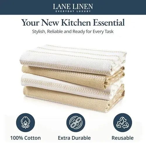 LANE LINEN Mutfak Havlusu 4'lü Set - 18”x28” Emici Pamuklu Bulaşık Havluları, Mutfak İçin Hızlı Kuruyan El ve Kurulama Havluları, Açık Kahverengi - 3