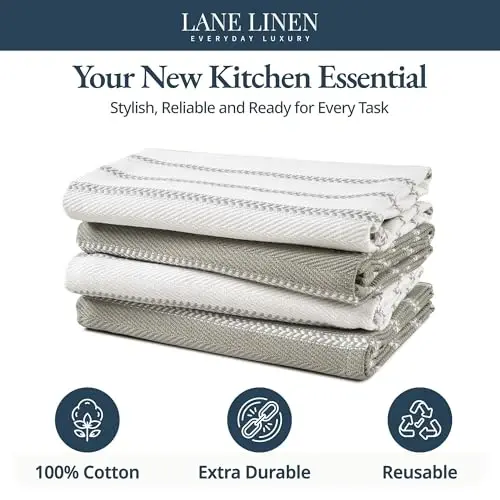 LANE LINEN Mutfak Havlusu Seti - Bulaşık Kurutmak İçin 4'lü Pamuklu Bulaşık Havlusu, 18”x 28”, Emici Kurulama Havluları, Hızlı Kuruyan Mutfak Havlusu Seti - Gri - 3
