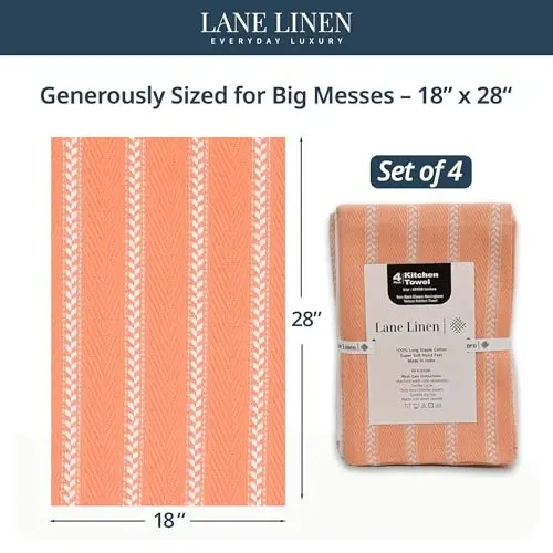 LANE LINEN Mutfak Havlusu Seti - Bulaşık Kurutmak İçin 4'lü Pamuklu Bulaşık Havlusu Paketi, 18”x 28”, Emici Kurulama Bezleri, Hızlı Kuruyan Mutfak Havlusu Seti - Mercan - 2