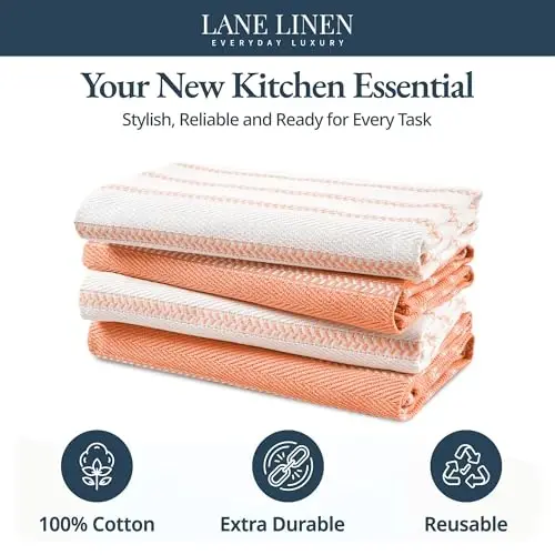 LANE LINEN Mutfak Havlusu Seti - Bulaşık Kurutmak İçin 4'lü Pamuklu Bulaşık Havlusu Paketi, 18”x 28”, Emici Kurulama Bezleri, Hızlı Kuruyan Mutfak Havlusu Seti - Mercan - 3