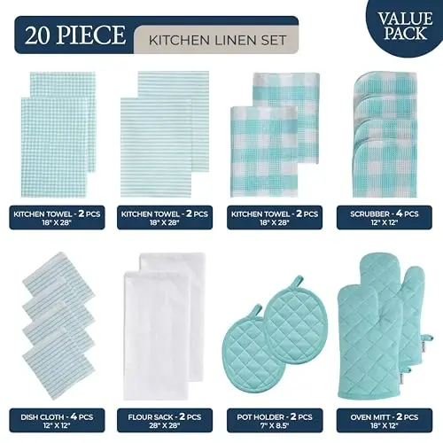 LANE LINEN Mutfak Havlusu ve Bulaşık Bezi Setleri - 20 Parça Mutfak Havlusu Seti, 350 Derece Isıya Dayanıklı Fırın Eldiveni ve Tencere Tutacağı, Bulaşık Yıkamak İçin Yeniden Kullanılabilir Emici Bulaşık Bezleri - Aqua - 2