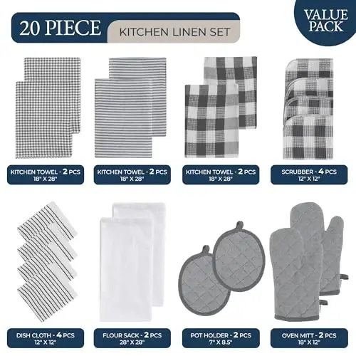 LANE LINEN Mutfak Havlusu ve Bulaşık Bezi Setleri - Yeni Ev İçin 20 Parça Mutfak İhtiyaçları, Isıya Dayanıklı Fırın Eldiveni ve Tencere Tutacağı, Emici Un Çuvalı Mutfak Havluları - Gri - 2
