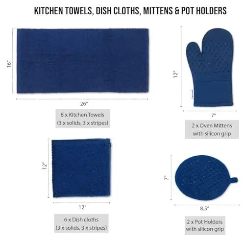 Lane Linen Mutfak Kurulama Bezleri - Silikon Fırın Eldivenleri ve Tencere Tutacak Setleri ile 16 Parça Mutfak Havlusu Seti, Pamuklu Mutfak Havluları, Emici Bulaşık Havluları, Mutfak için El Havluları - İndigo - 2