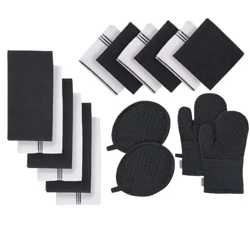 LANE LINEN Oshxona sochiqlari va idish latta to'plamlari - Yangi uy uchun 16 qismli oshxona buyumlari, Issiqlikka chidamli silikon pech qo'lqoplari va ushlagich, So'ruvchi sochiqlar - Kulrang - 2