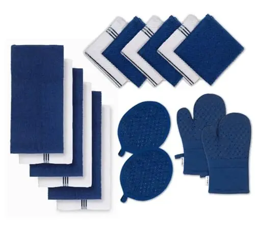 LANE LINEN Tea Towels - 16 Pc Set with Silicone Oven Mitts and Pot Holders, Cotton Kitchen Towels, Absorbent Dish and Hand Towels - Indigo - 1