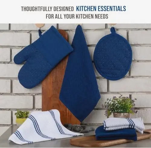 Lane Linen Tea Towels for Kitchen - 16 Pc Kitchen Towel Set with Silicone Oven Mitts and Pot Holders Sets, Cotton Kitchen Towels, Absorbent Dish Towels, Hand Towels for Kitchen - Indigo - 3