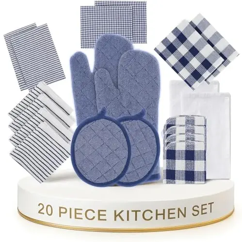 LANE LINEN Un Çuvalı Bulaşık Havlusu Seti - Tutacaklı ve Fırın Eldivenli 20 Parça Mutfak Havlusu Seti, %100 Pamuk Mutfak Havluları, Emici Bulaşık Havluları: İndigo 