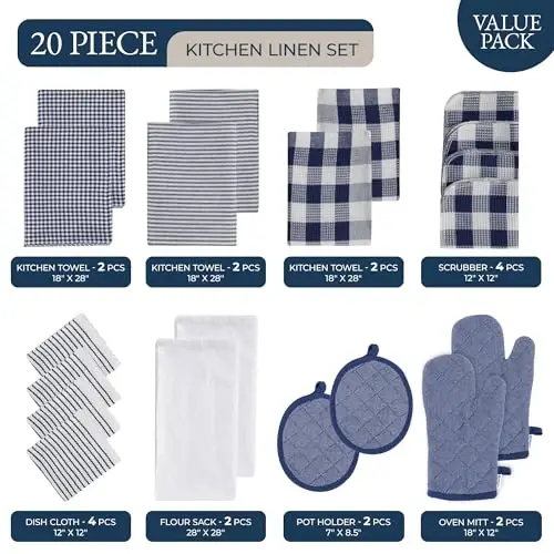 LANE LINEN Un Çuvalı Bulaşık Havlusu Seti - Tutacaklı ve Fırın Eldivenli 20 Parça Mutfak Havlusu Seti, %100 Pamuk Mutfak Havluları, Emici Bulaşık Havluları: İndigo - 2