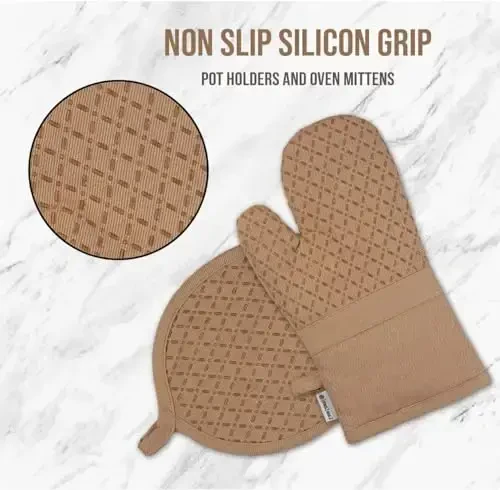 LANE ZIG'IR 16 dona Idish Sochiqu Seti - 100% Paxta, Issiqlikka chidamli Qo'lqoplar va Qozon Tutqich Seti, Yuvish uchun Ko'p marta ishlatiladigan Idish Latta, Oshxona Quritish uchun singdiruvchi Sochiqlar - Bej - 4