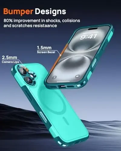 Lanhiem for 16 Plus Case Tough Rugged Cover Teal Magnetic, 2 Tempered Glass Screen Protector Compatible with MagSafe 10 FT Military Shockproof Heavy Duty, 6.7