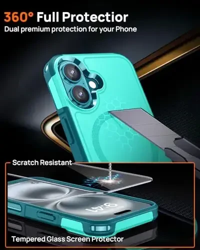 Lanhiem for 16 Plus Case Tough Rugged Cover Teal Magnetic, 2 Tempered Glass Screen Protector Compatible with MagSafe 10 FT Military Shockproof Heavy Duty, 6.7