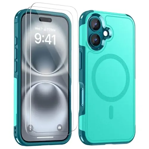 Lanhiem for 16 Plus Case Tough Rugged Cover Teal Magnetic, 2 Tempered Glass Screen Protector Compatible with MagSafe 10 FT Military Shockproof Heavy Duty, 6.7