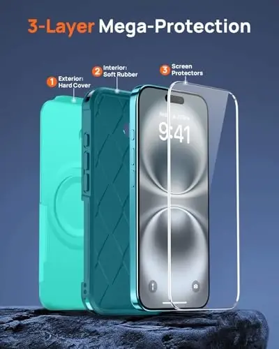 Lanhiem for 16 Plus Case Tough Rugged Cover Teal Magnetic, 2 Tempered Glass Screen Protector Compatible with MagSafe 10 FT Military Shockproof Heavy Duty, 6.7