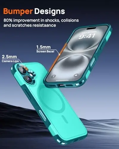 Lanhiem for 16 Plus Case Tough Rugged Cover Teal Magnetic, 2 Tempered Glass Screen Protector Compatible with MagSafe 10 FT Military Shockproof Heavy Duty, 6.7