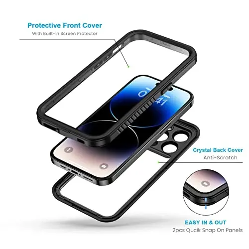 Lanhiem чехол для iPhone 14 Pro Max, IP68 водонепроницаемый пыленепроницаемый чехол со встроенной защитной пленкой для экрана, прочный противоударный чехол для iPhone 14 Pro Max 6,7 дюйма, черный - 3