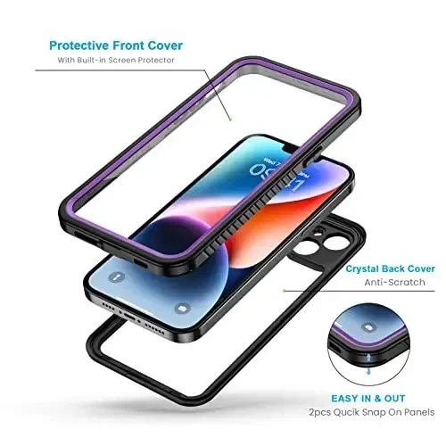 Lanhiem для iPhone 14, IP68 Водонепроницаемый Пылезащитный Ударопрочный чехол 14 со встроенной защитной пленкой для экрана, Полностью герметичный защитный чехол для передней и задней панели для iPhone 14, 6,1 дюйма (фиолетовый) - 3