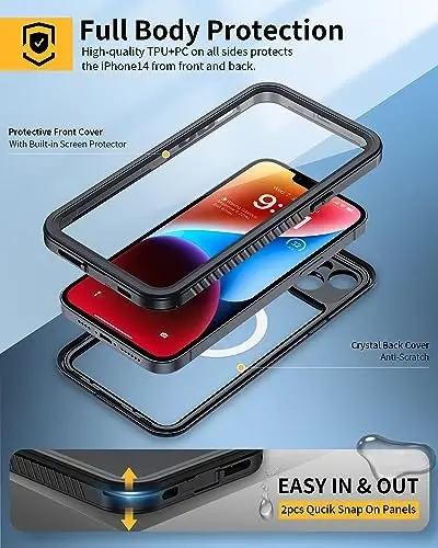 Lanhiem для iPhone 14 Магнитный чехол, водонепроницаемый пыленепроницаемый противоударный чехол со встроенной защитной пленкой, совместимый с Magsafe, полнокорпусный защитный чехол для iPhone 14 6,1 дюйма - Черный - 4