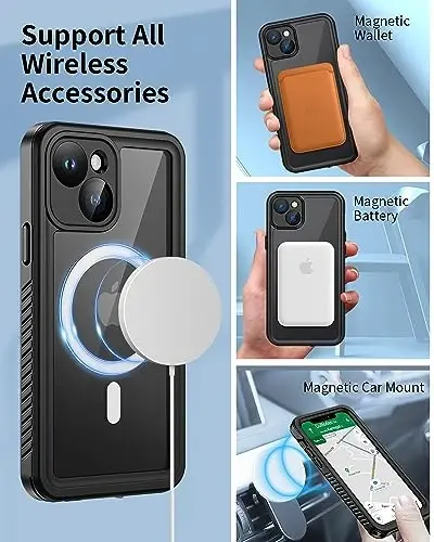 Lanhiem для iPhone 14 Магнитный чехол, водонепроницаемый пыленепроницаемый противоударный чехол со встроенной защитной пленкой, совместимый с Magsafe, полнокорпусный защитный чехол для iPhone 14 6,1 дюйма - Черный - 2