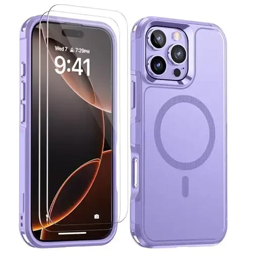 Lanhiem for 16 Pro Max Case Purple Magnetic, 2 Tempered Glass Screen Protector MagSafe bilan mos keladigan harbiy sinfdagi zarbaga chidamli og‘ir vazifali g‘ilof, 6,9