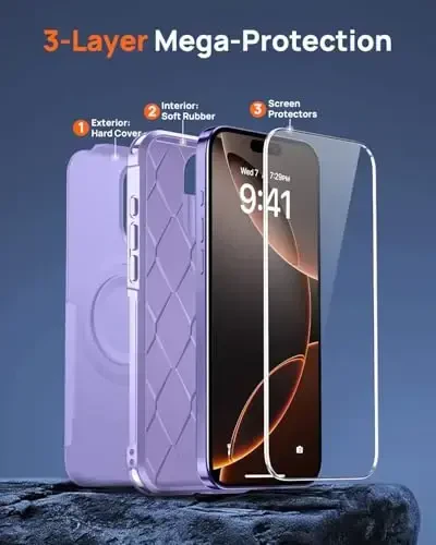 Lanhiem for 16 Pro Max Case Purple Magnetic, 2 Tempered Glass Screen Protector MagSafe bilan mos keladigan harbiy sinfdagi zarbaga chidamli og‘ir vazifali g‘ilof, 6,9